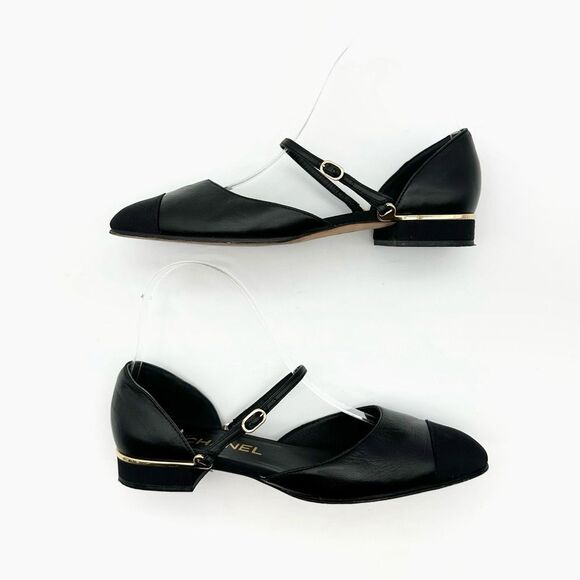 CHANEL Black CC Logo Mary Jane Ballet Flat Size 36.5 Leather Cap Pointed Toe - Picture 3 of 15